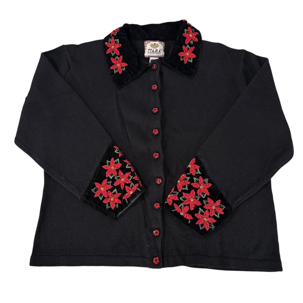 VTG‎ TIARA INTERNATIONAL Black Poinsettia Embroidered Xmas Sweater Cardigan XL